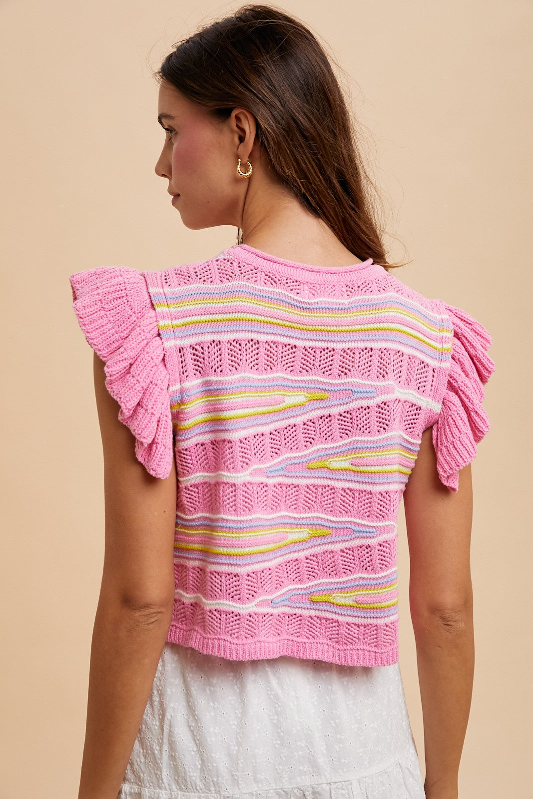 Ruffle Sleeve Pointelle Crop Sweater Top