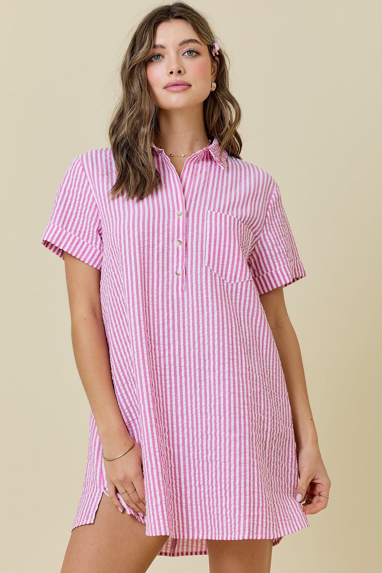 Striped Seersucker Easy Shirt Dress W/ Pockets