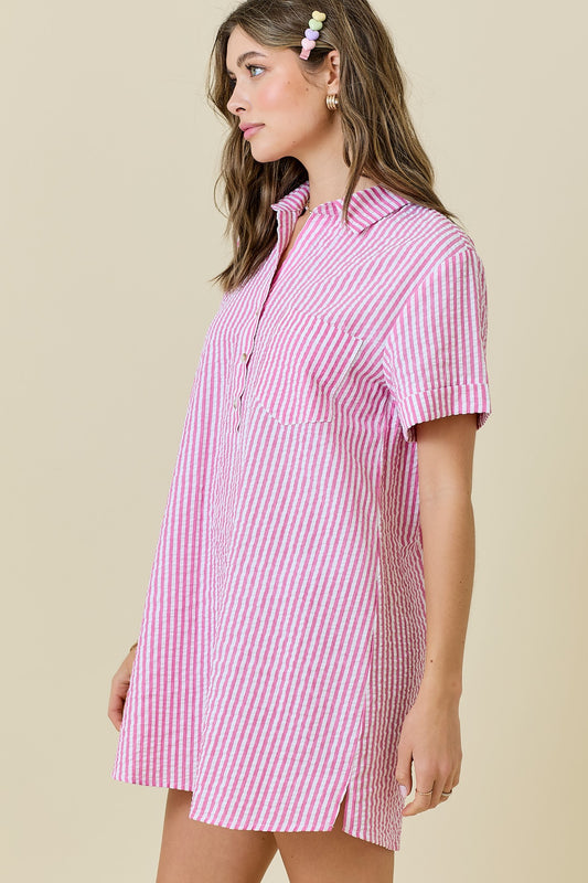 Striped Seersucker Easy Shirt Dress W/ Pockets