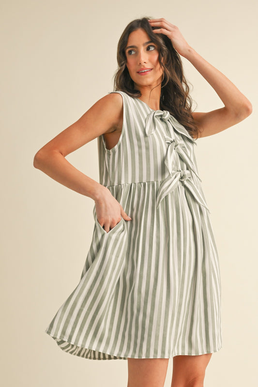 Sage Vertical Striped Front Bow Detail Mini Dress