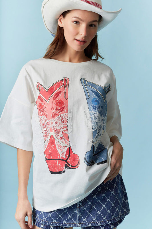 Peach Love California - Bow Laser Cut Lace Embroidery Detail T-shirt