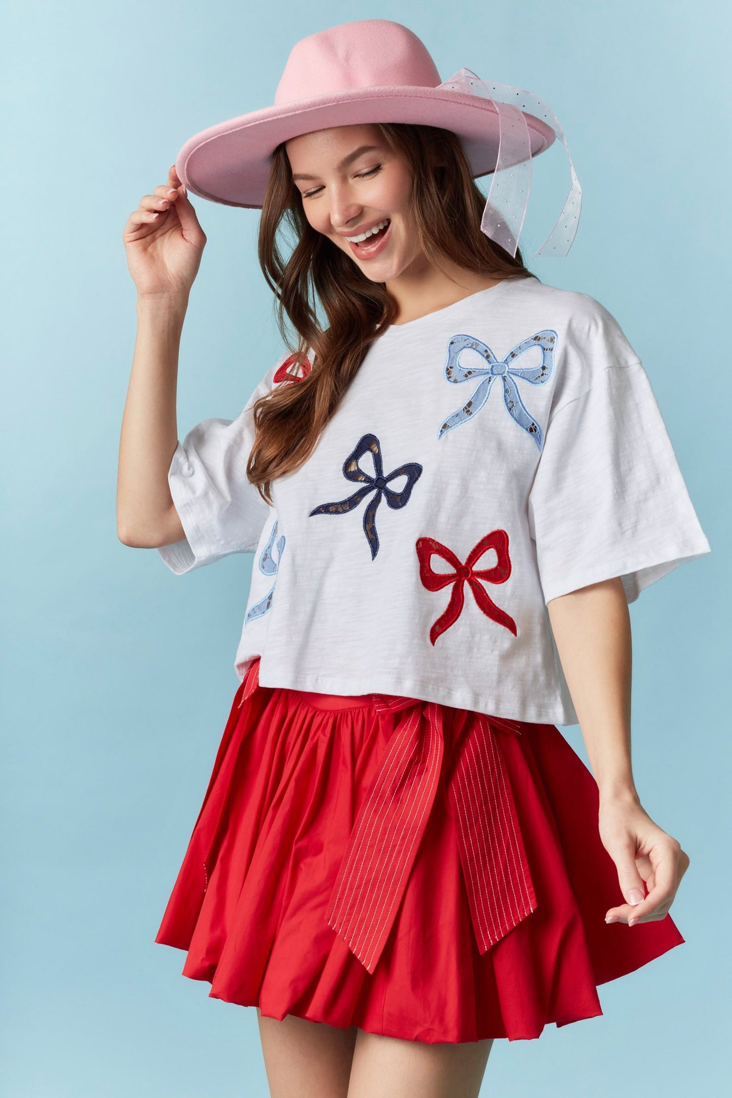 Peach Love California - Embroidery Detail Cropped Short Sleeve Top