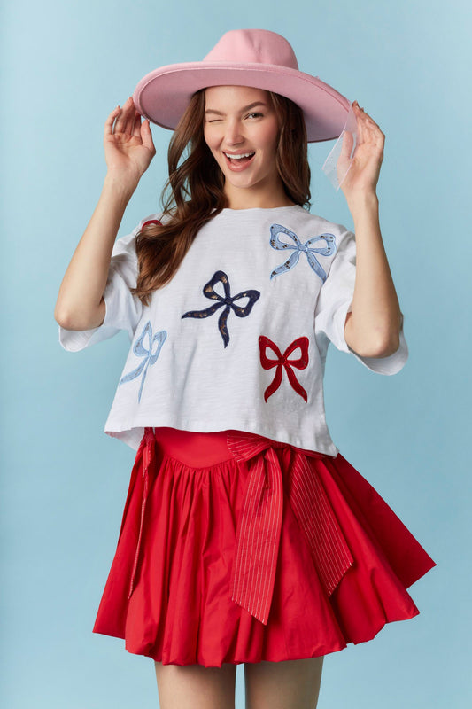 Peach Love California - Embroidery Detail Cropped Short Sleeve Top