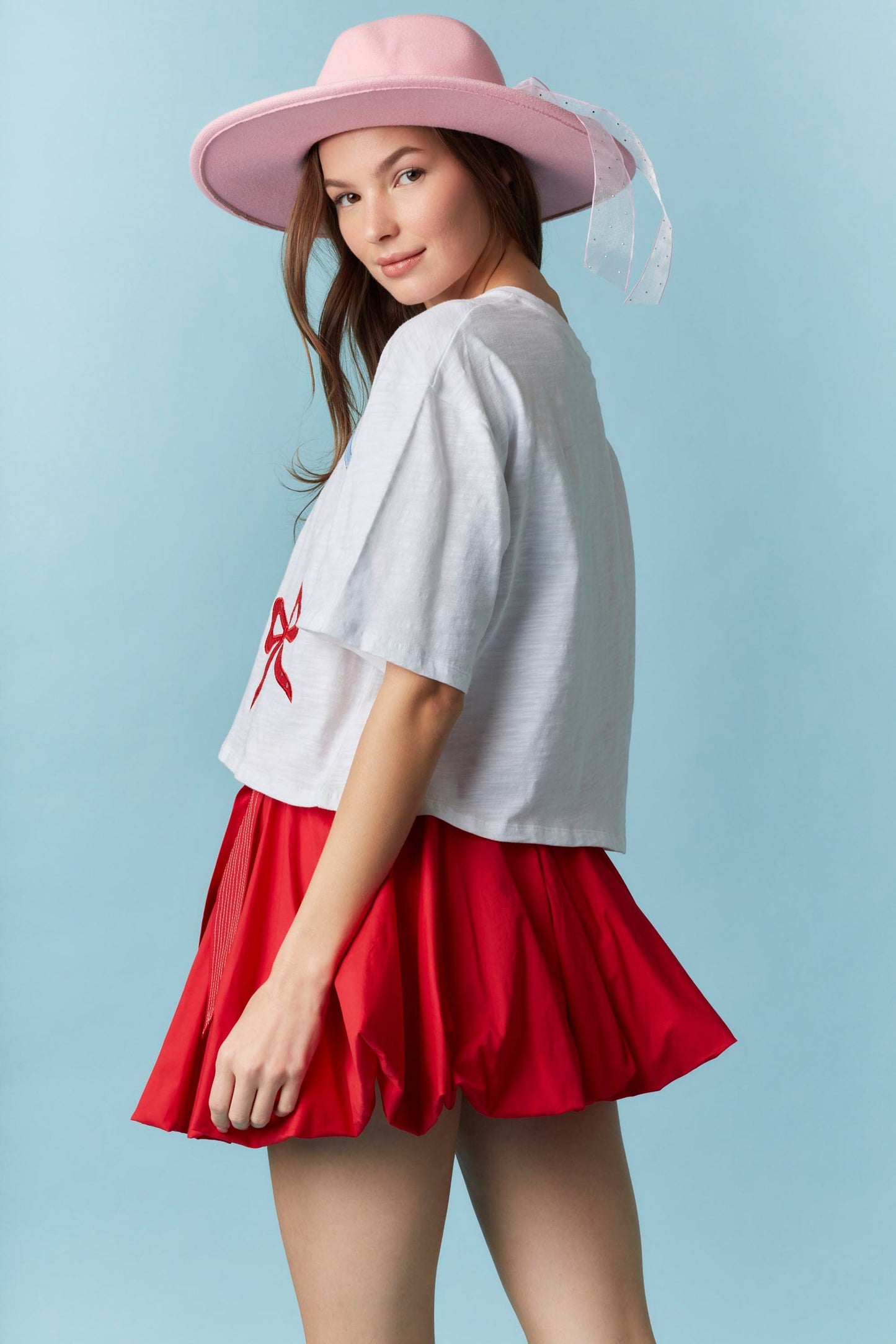 Peach Love California - Embroidery Detail Cropped Short Sleeve Top