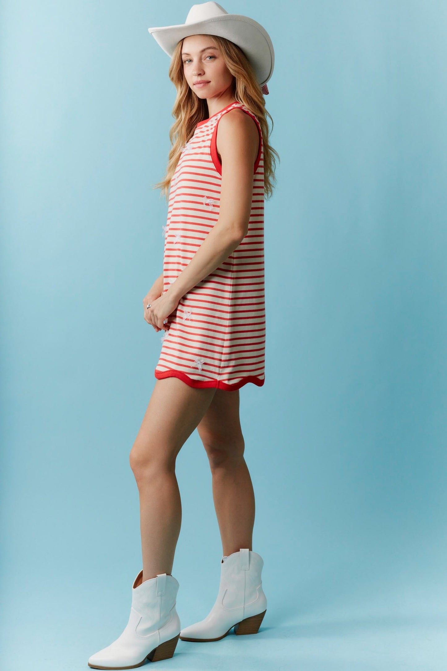 Peach Love California - Lace Bow With Wave Detail Striped Knit Mini Dress