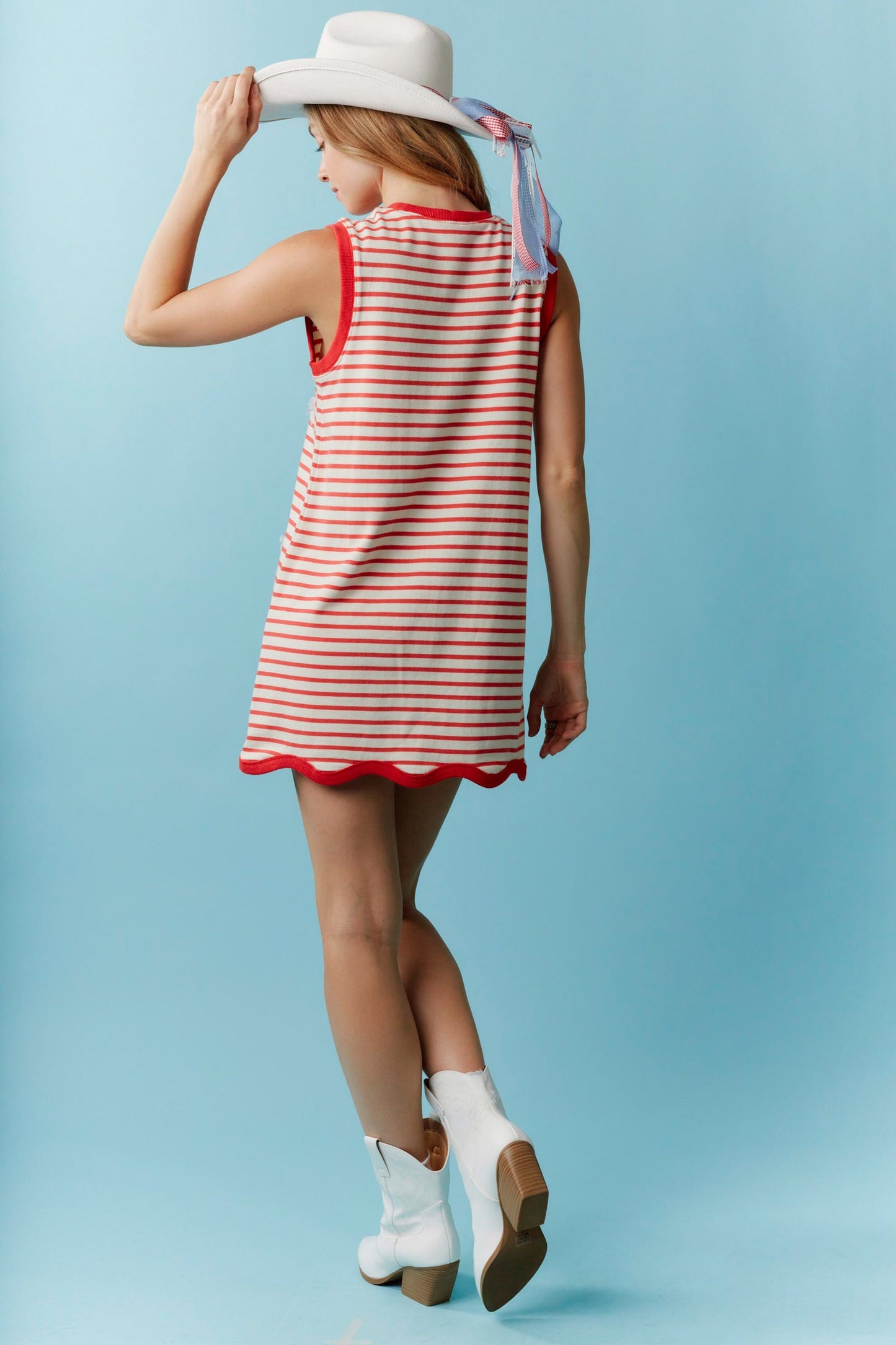 Peach Love California - Lace Bow With Wave Detail Striped Knit Mini Dress