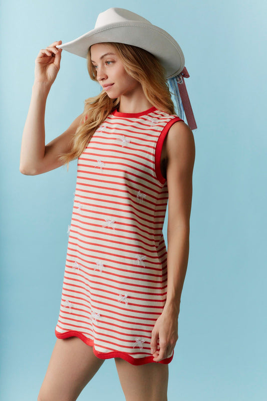 Peach Love California - Lace Bow With Wave Detail Striped Knit Mini Dress