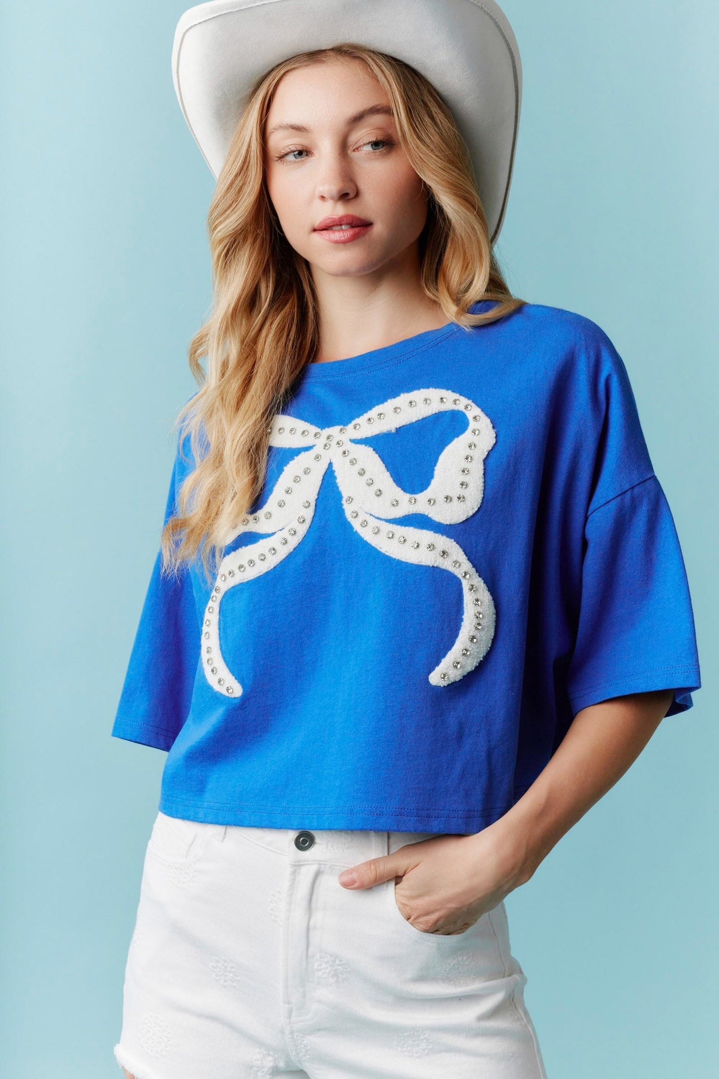 Peach Love California - Rhinestone Studded Bow Embroidery Cotton Tee
