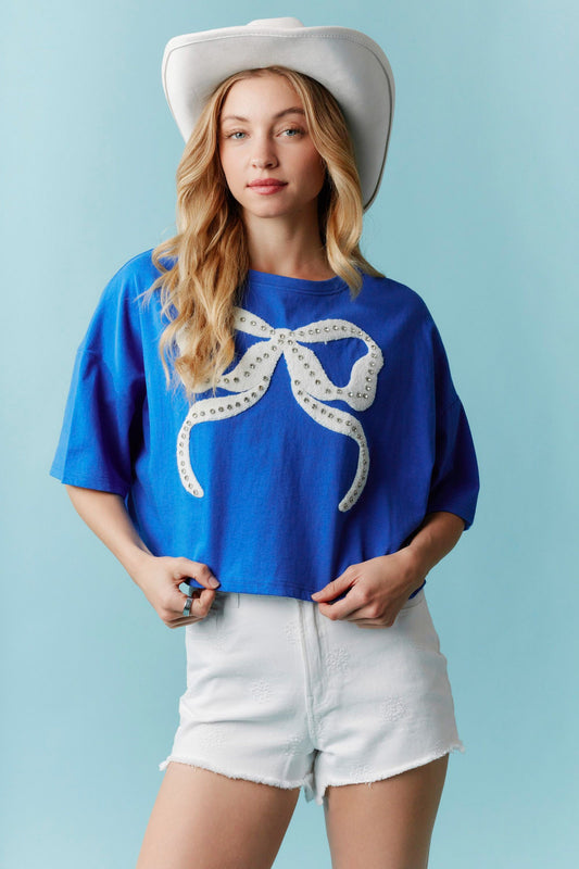 Peach Love California - Rhinestone Studded Bow Embroidery Cotton Tee