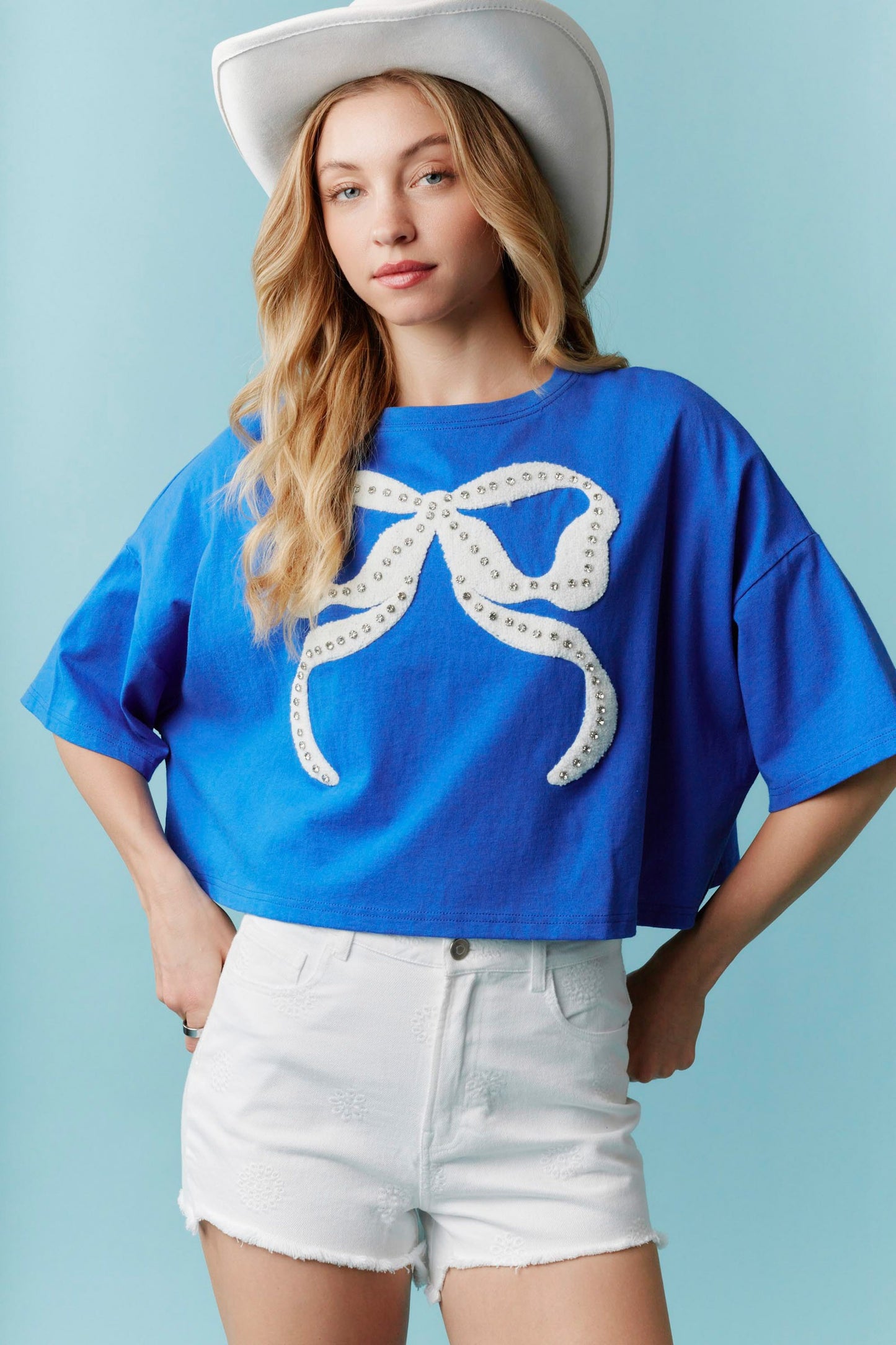 Peach Love California - Rhinestone Studded Bow Embroidery Cotton Tee