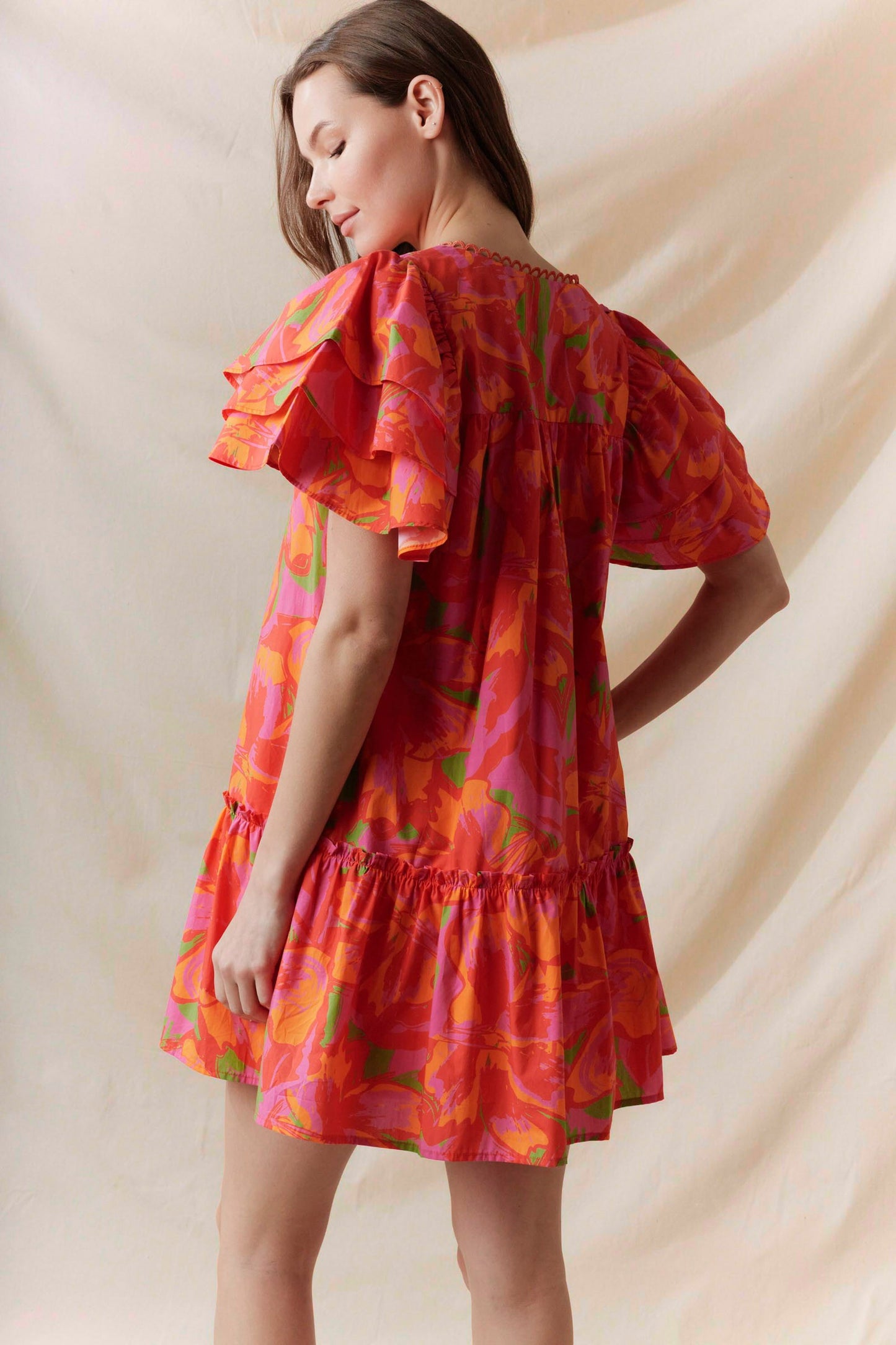 Ruffled Sleeve Button Down Tiered Dress