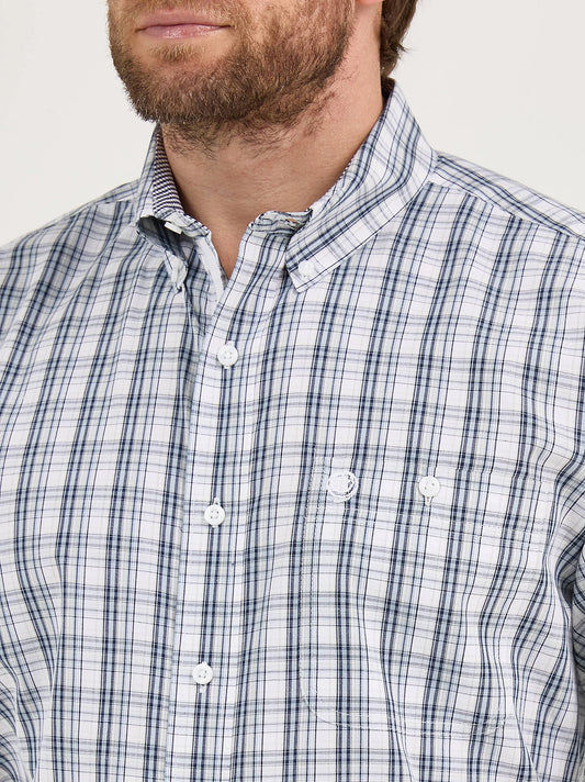 Men's blue and white plaid button-down shirt with chest pocket