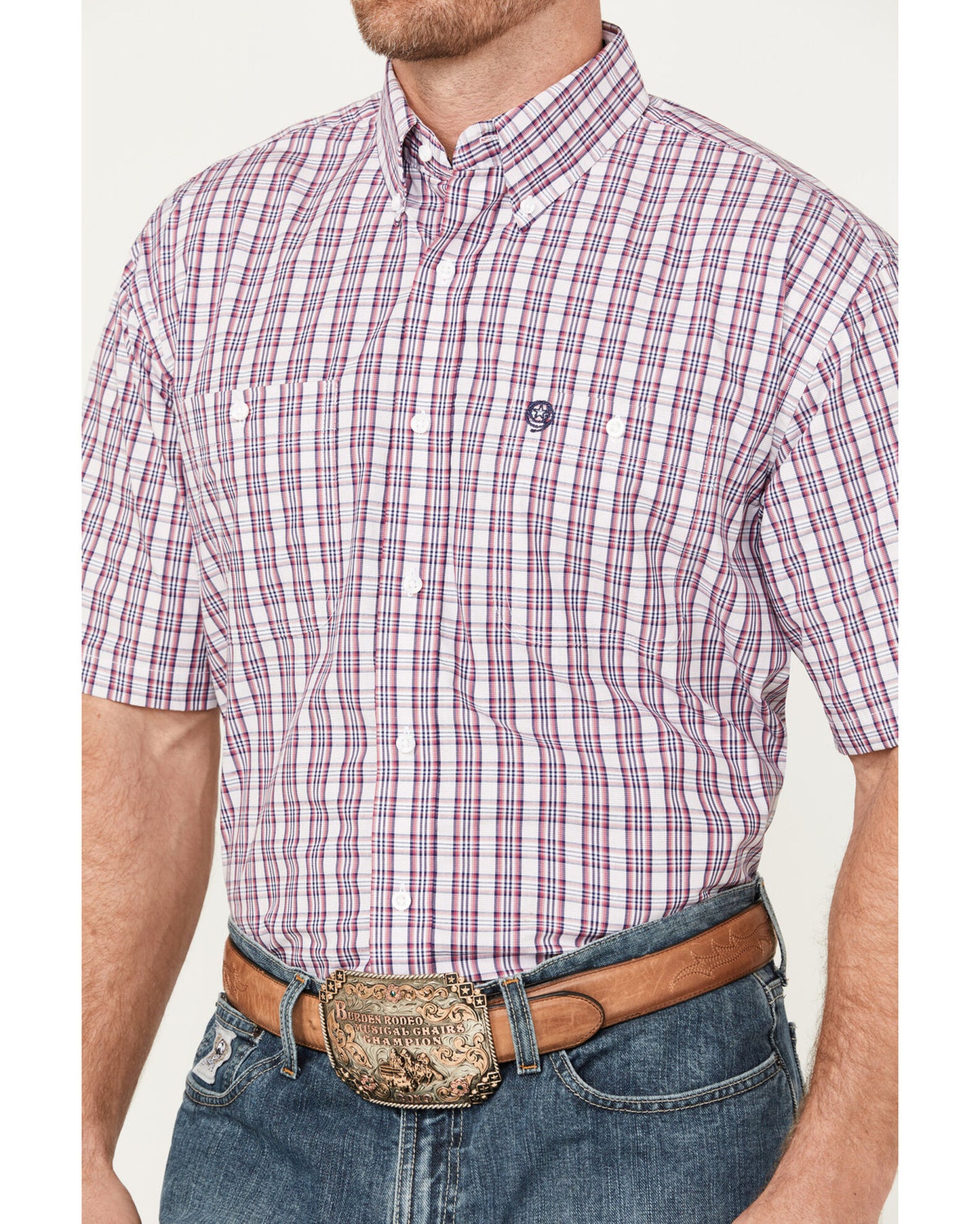 Wrangler® George Strait Collection One Pocket Short Sleeve Shirt - Blue/Red - 2365408