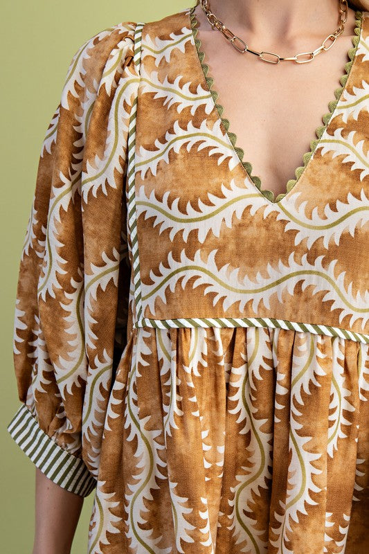 Printed V-neck Mini Dress