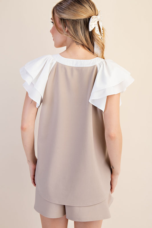 V-neck Ruffle Sleeve Contrast Top