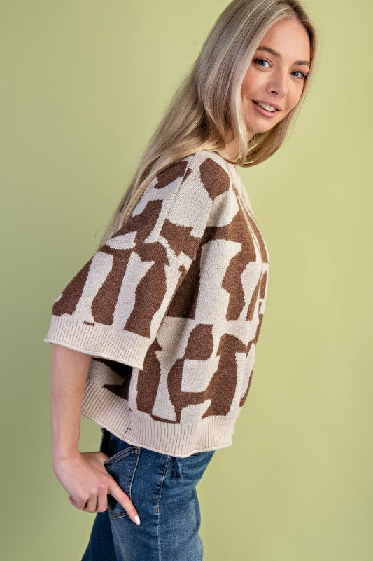 Short Sleeve Geometric Print Sweater