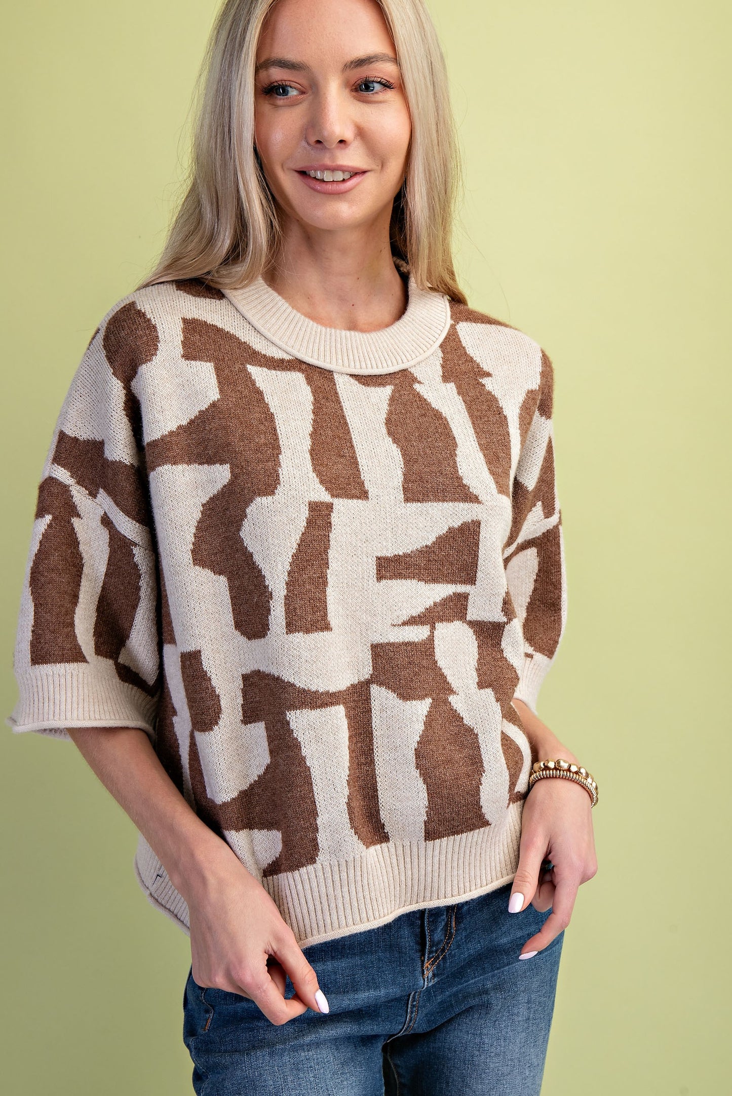 Short Sleeve Geometric Print Sweater