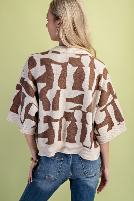 Short Sleeve Geometric Print Sweater
