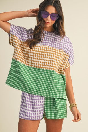 Mardi Gras Multi Checker Block Knit Top & Shorts