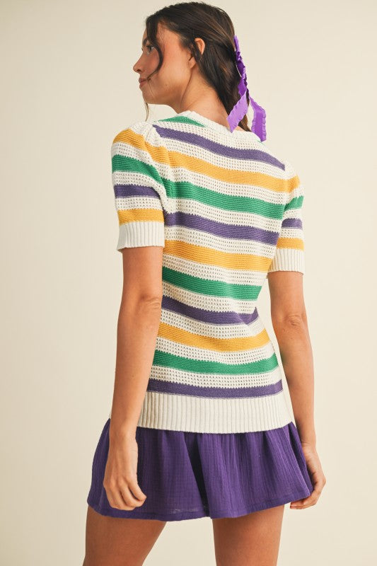 Mardi Gras Multi Color Stripe Pointelle Sweater