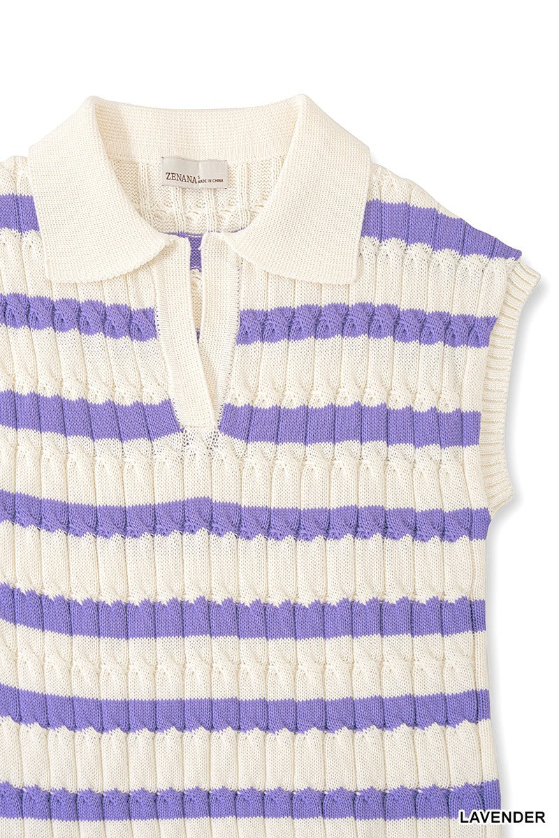 White sleeveless knitted vest with purple stripes on a white background