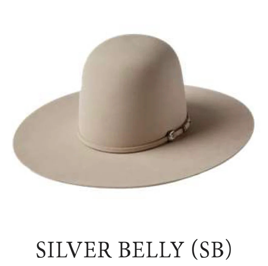 Silver belly wide brim felt cowboy hat with simple hatband on white background