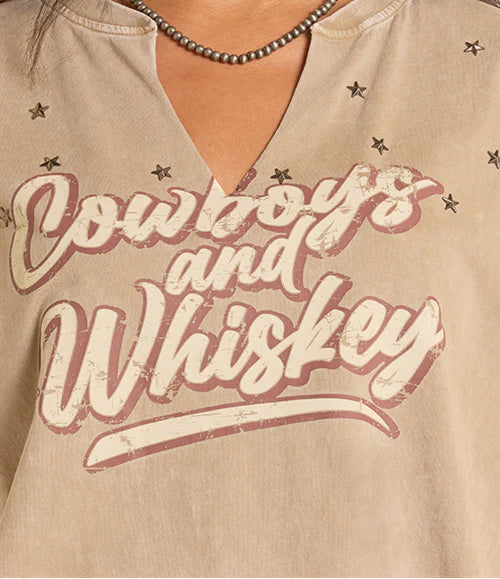 Women's Olive 'Cowboys & Whiskey' Graphic Print Star Accent Relaxed V-Neck Tee