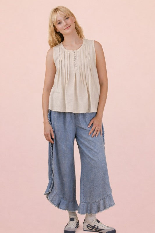 Half Button Down Pintuck Sleeveless Woven Top