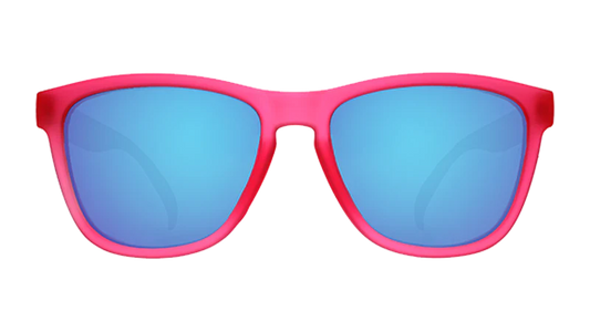 Sunglasses with pink frame and blue lenses on a white background