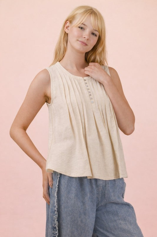 Half Button Down Pintuck Sleeveless Woven Top