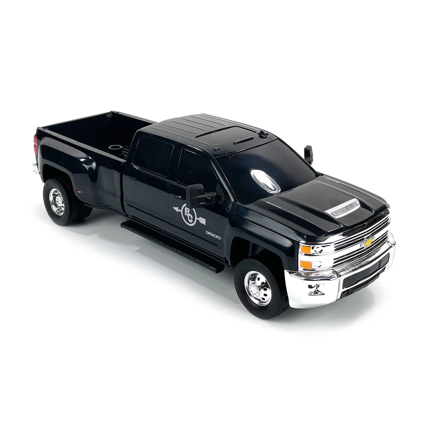 Black Chevrolet Silverado 3500 HD toy truck with chrome details on white background
