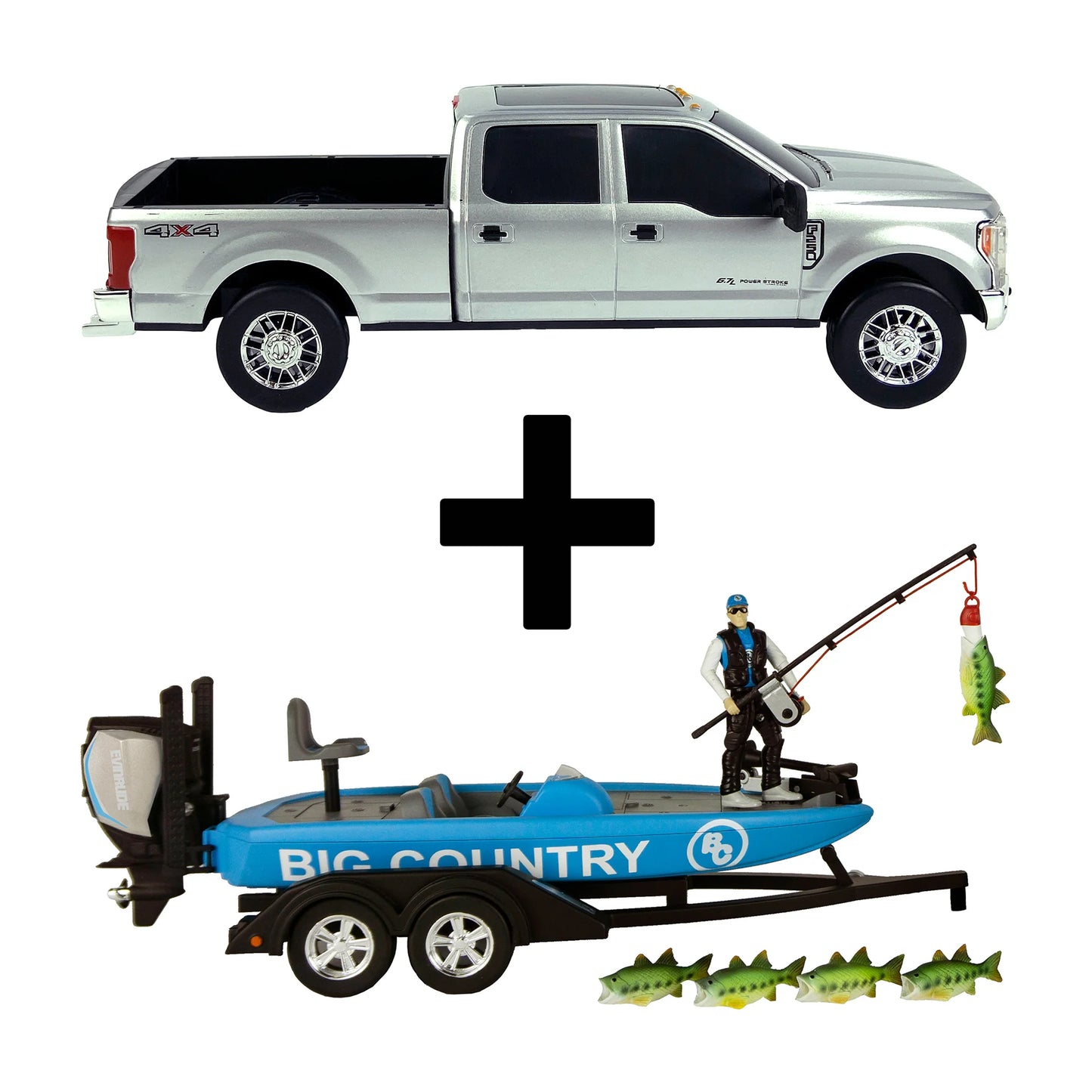Silver pickup truck and blue bass fishing boat toy set with fishing figure and fish accessories