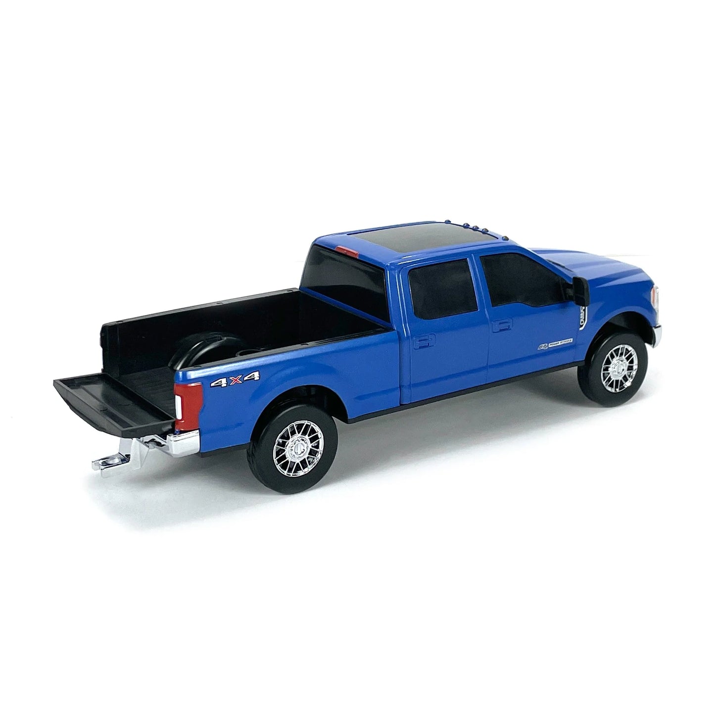 Blue 4x4 pickup truck toy model with open tailgate on white background