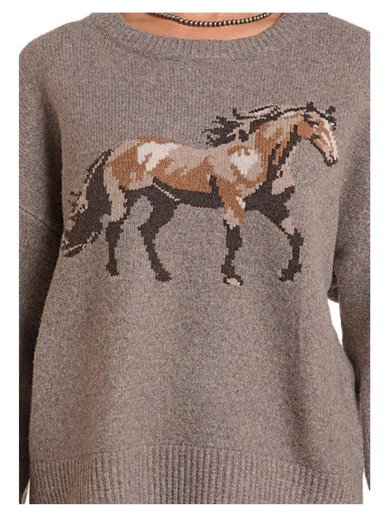 Rock&Roll BW32T09971 Women's Heathered Horse Sweater Taupe