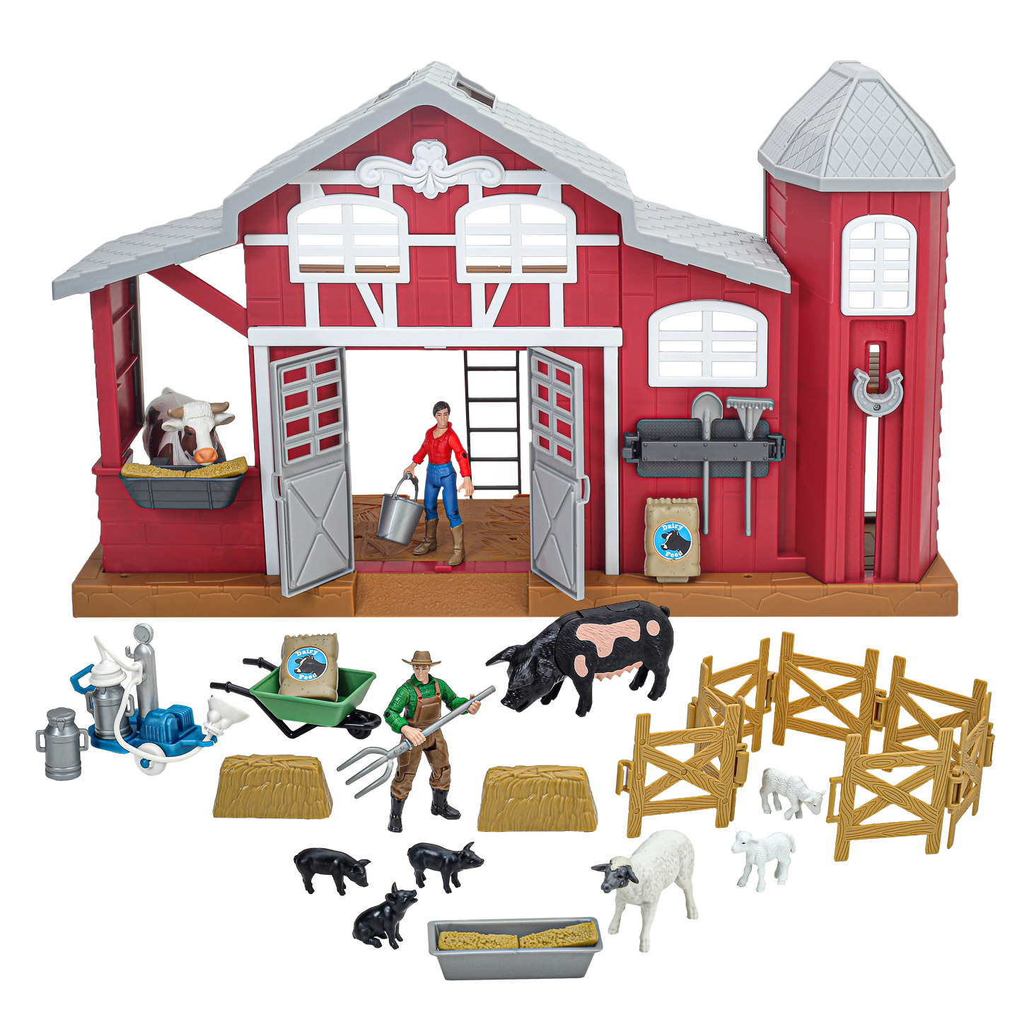 Dairy barn playset with toy barn, farmer figures, animals, fence, and farm accessories