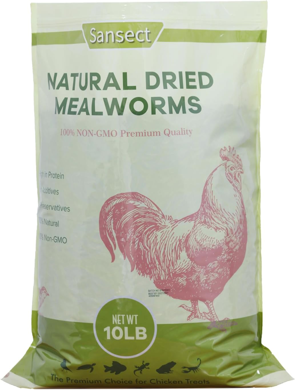 Bag of Sansect natural dried mealworms, 10 lb, for chicken treats, non-GMO, premium quality