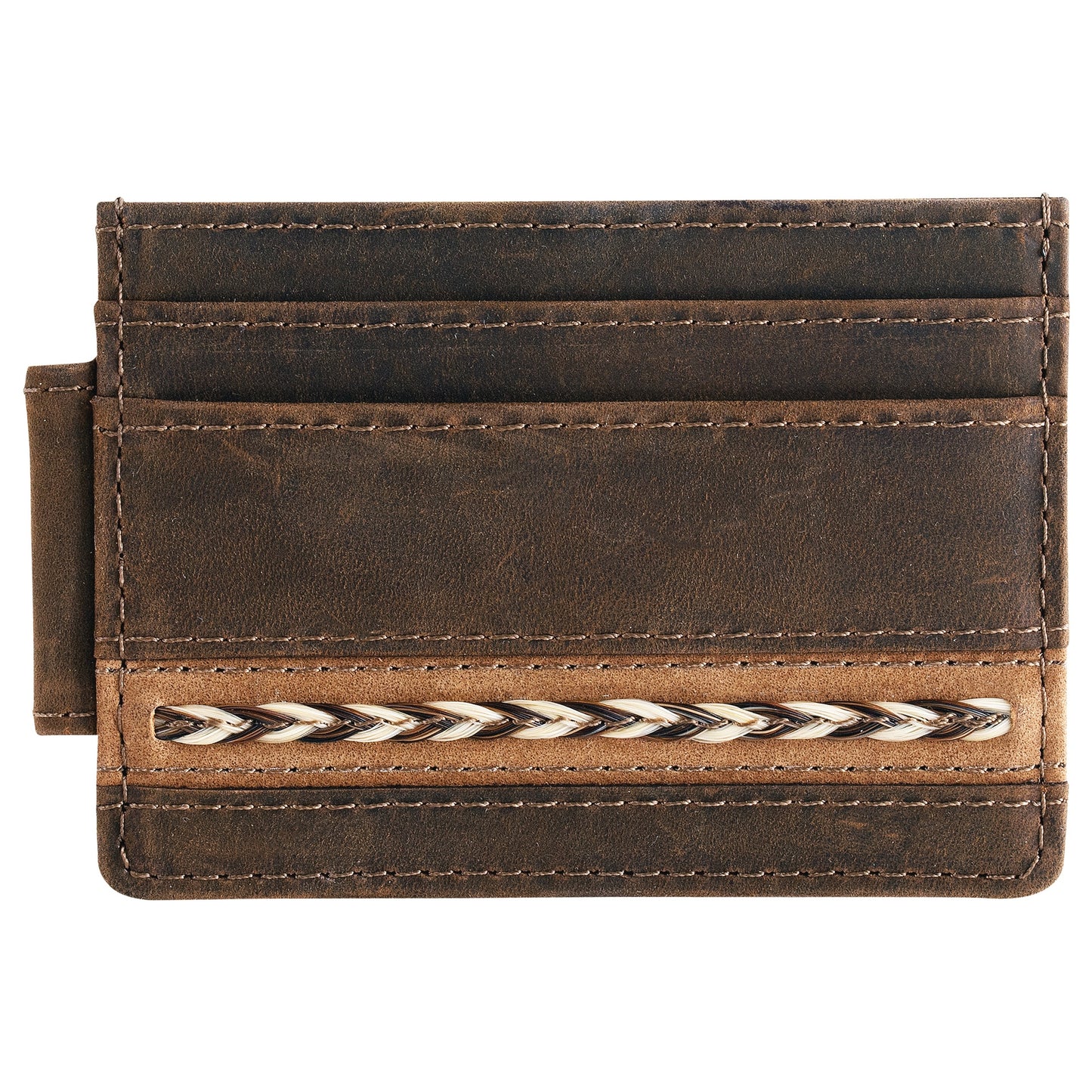 Brown leather cardholder with braided design on a white background