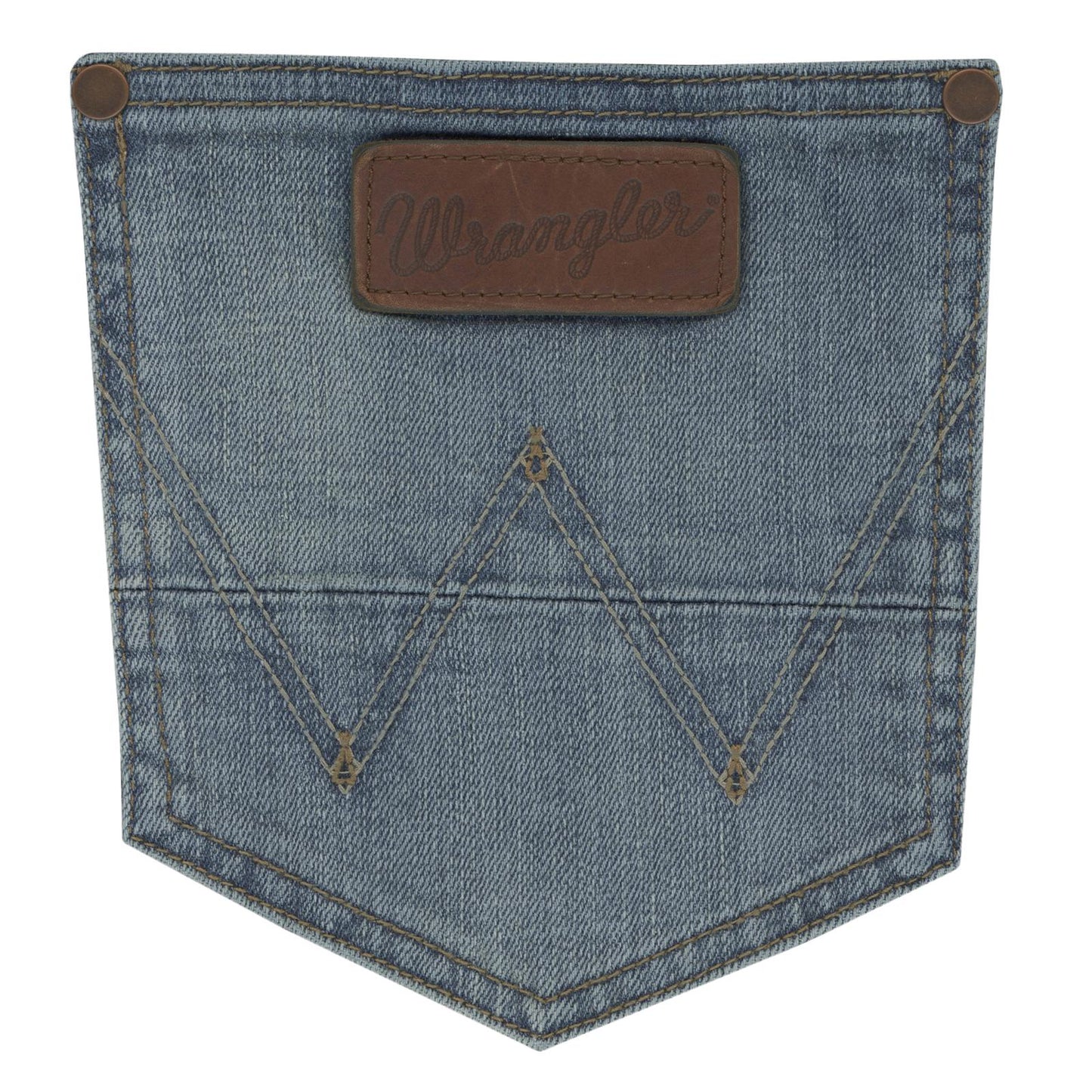 Wrangler denim jean back pocket with brown stitching and leather logo patch