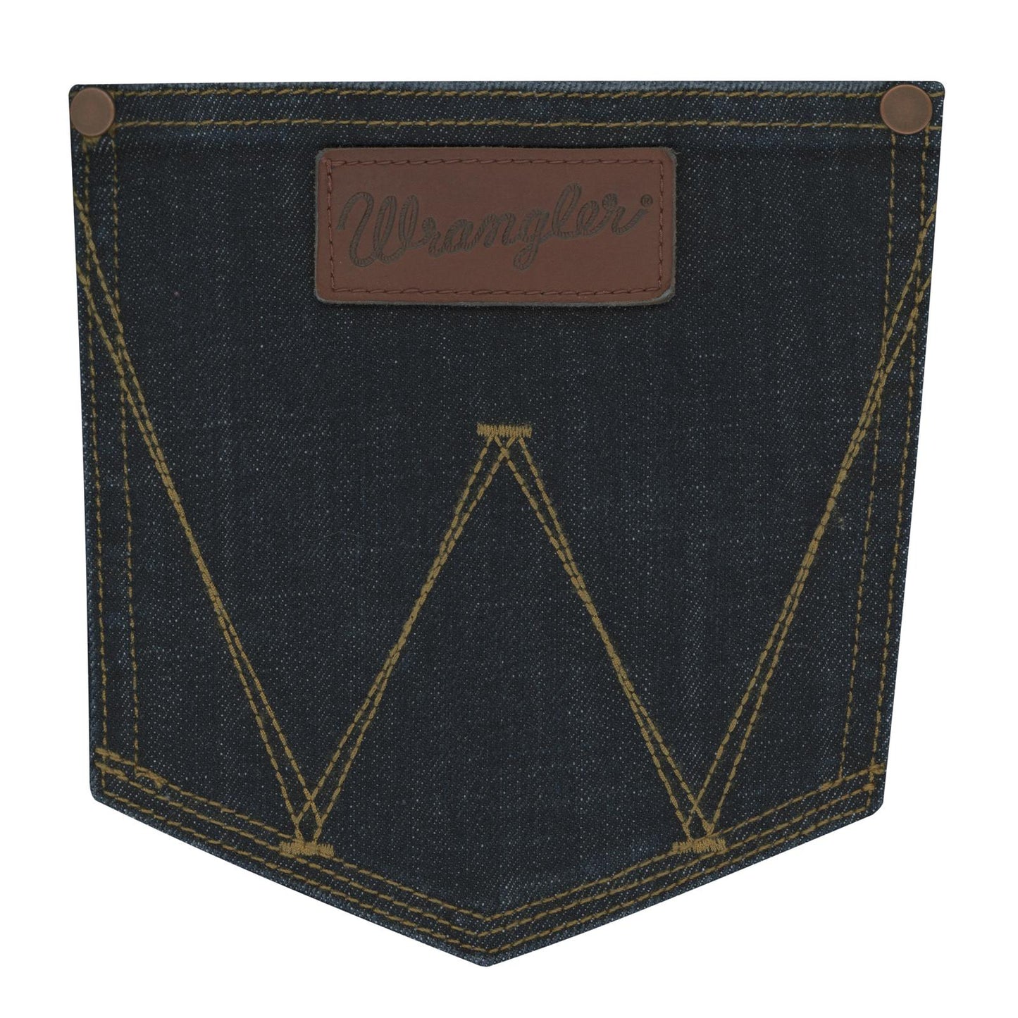 Dark blue denim jeans back pocket with yellow stitching and leather patch detail