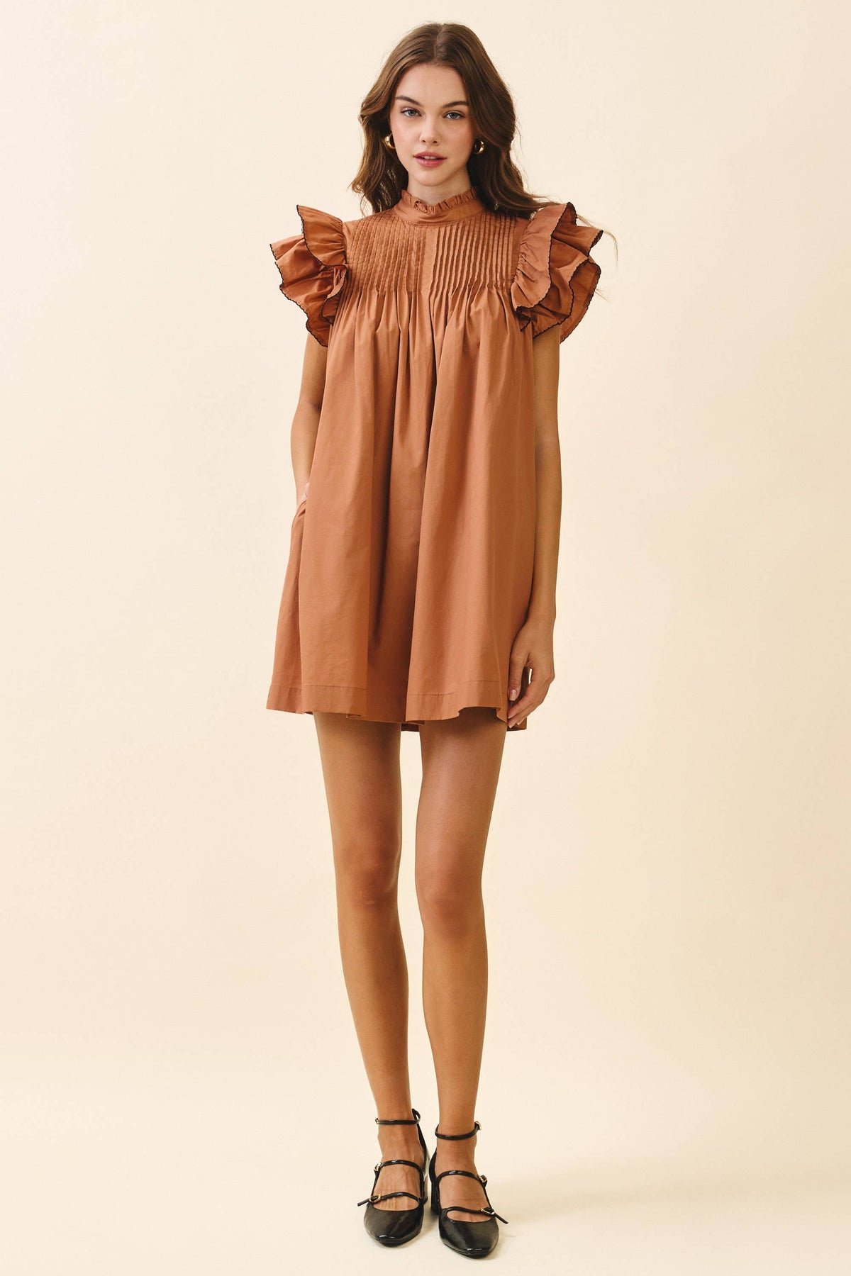 TCEC - CD06395-Back Button Down High Neck Babydoll Mini Dress