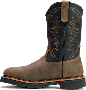 Men's brown leather western work boot with black embroidered shaft, slip-resistant sole