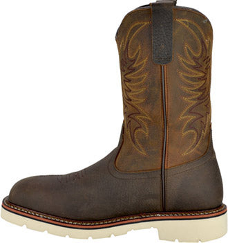 Men's brown leather pull-on western work boot with decorative stitching and white sole