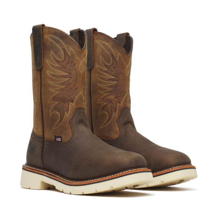 Brown leather cowboy work boots with decorative stitching and white rubber soles