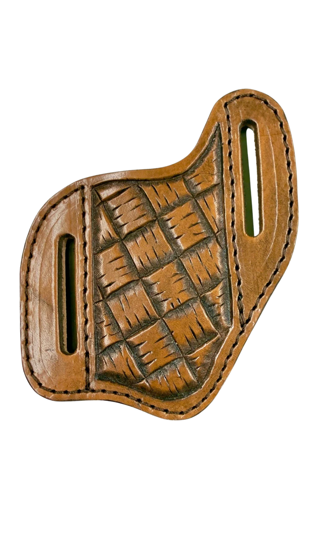 Brown leather holster with woven pattern on a white background