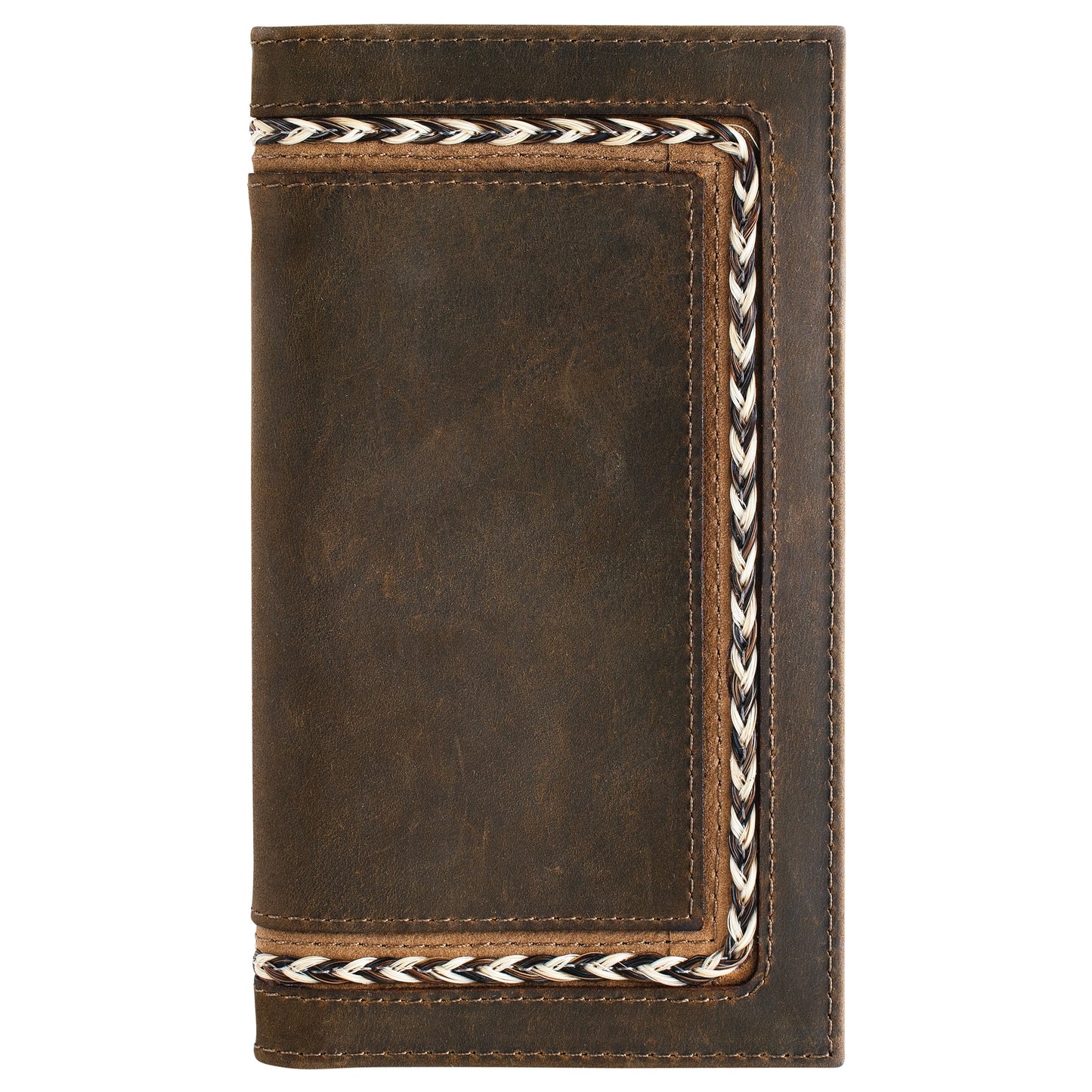 Brown leather wallet with braided trim on a white background