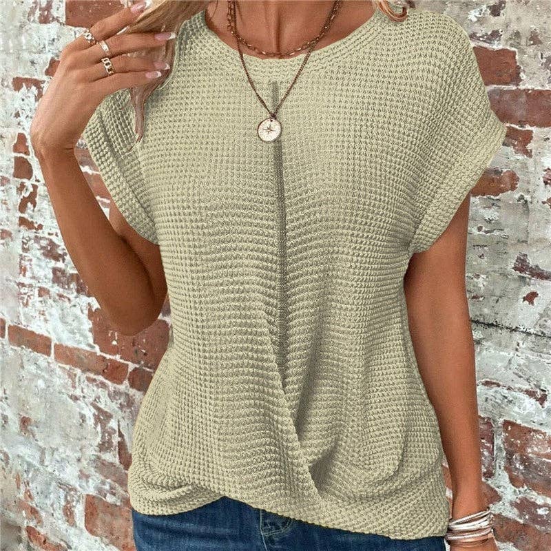 kycozy - Solid Color Round Neck Twist Short Sleeve T-Shirt