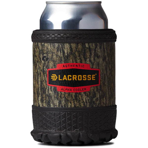 Camouflage can cooler with Lacrosse logo holding a silver can on a white background