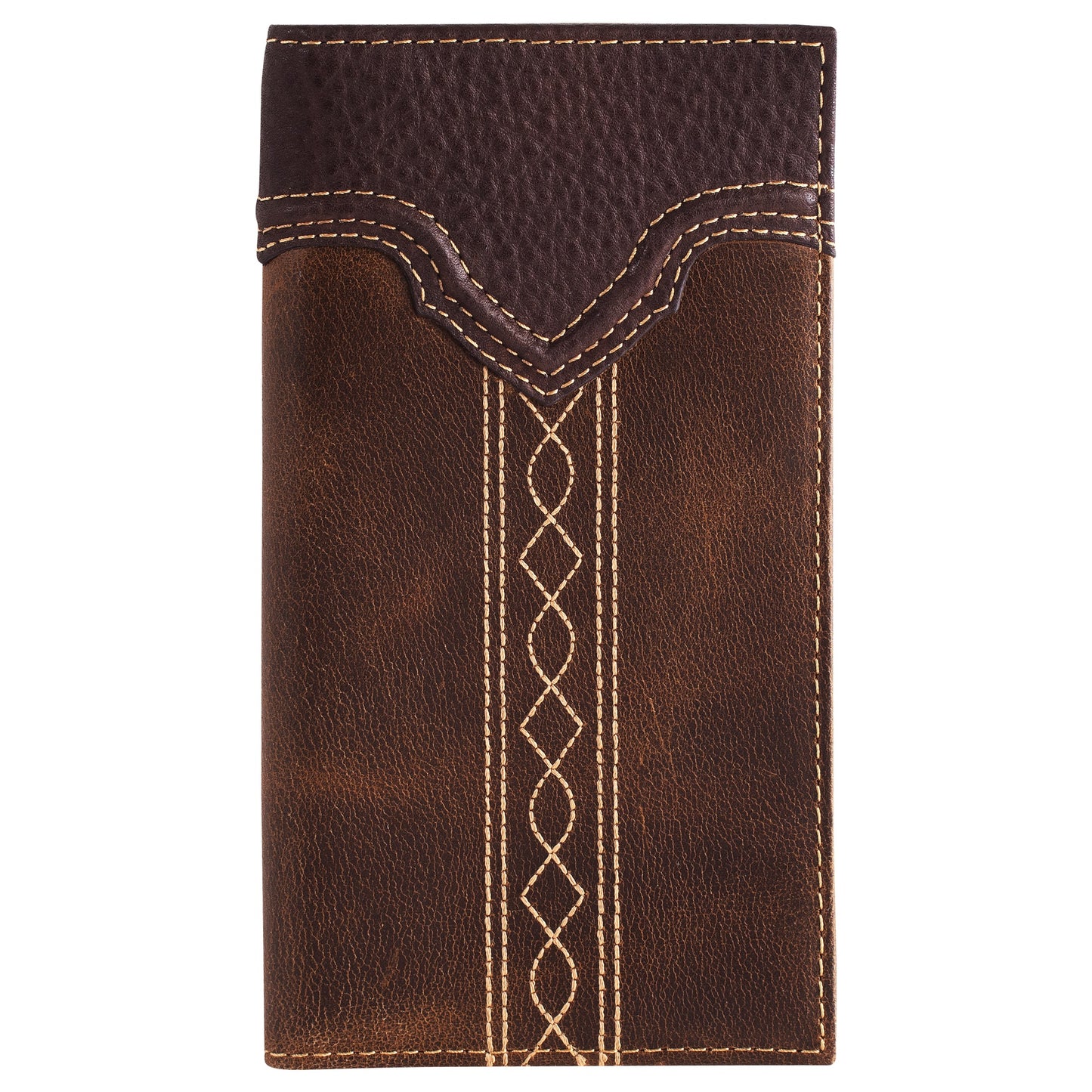 Brown leather wallet with decorative stitching on a white background
