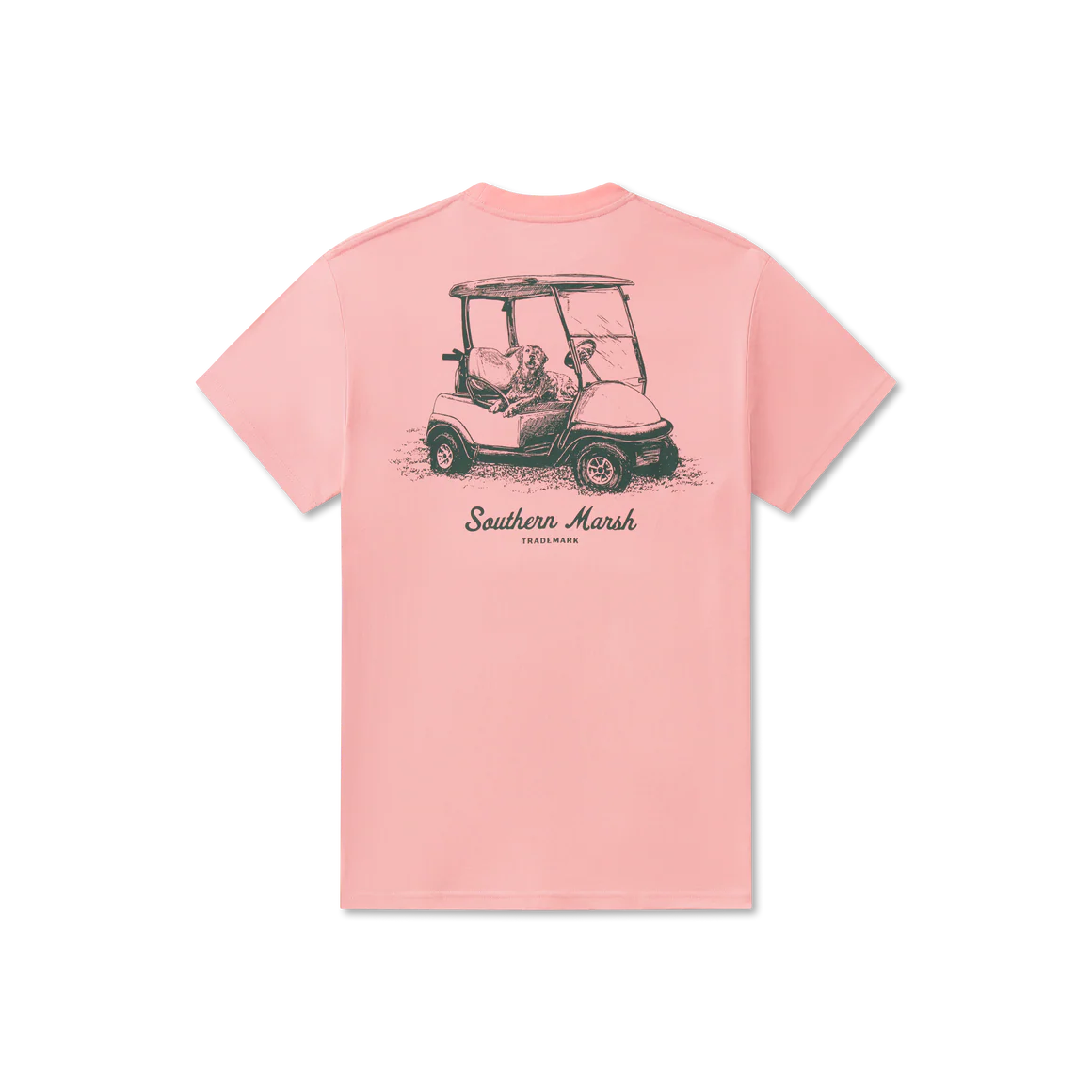 Pink t-shirt with a graphic of a golf cart and 'Southern Marsh' text on a white background