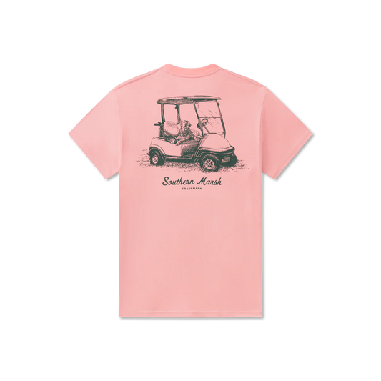 Pink t-shirt with a graphic of a golf cart and 'Southern Marsh' text on a white background